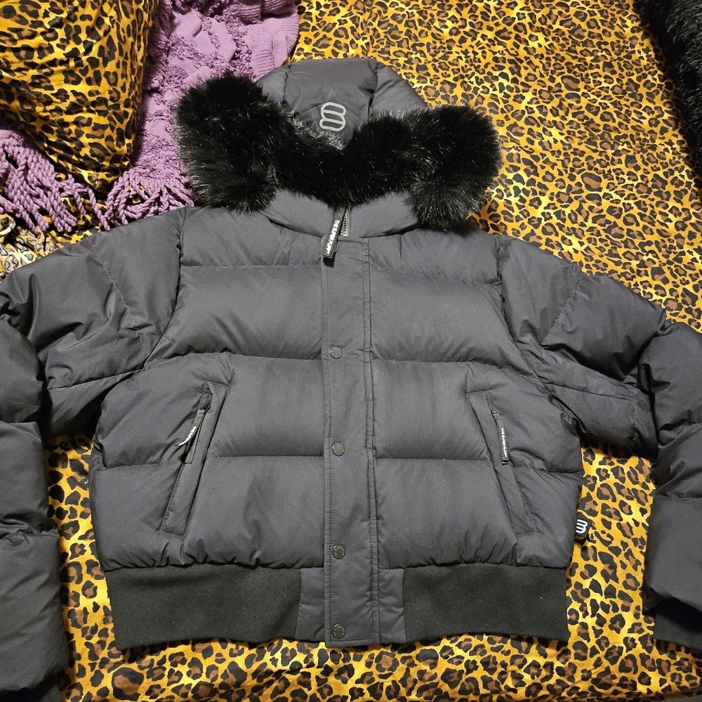 Black Puffer Jacket with Fur Trim